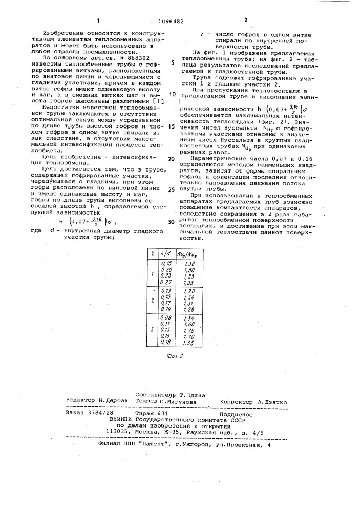 Теплообменная труба (патент 1096482)