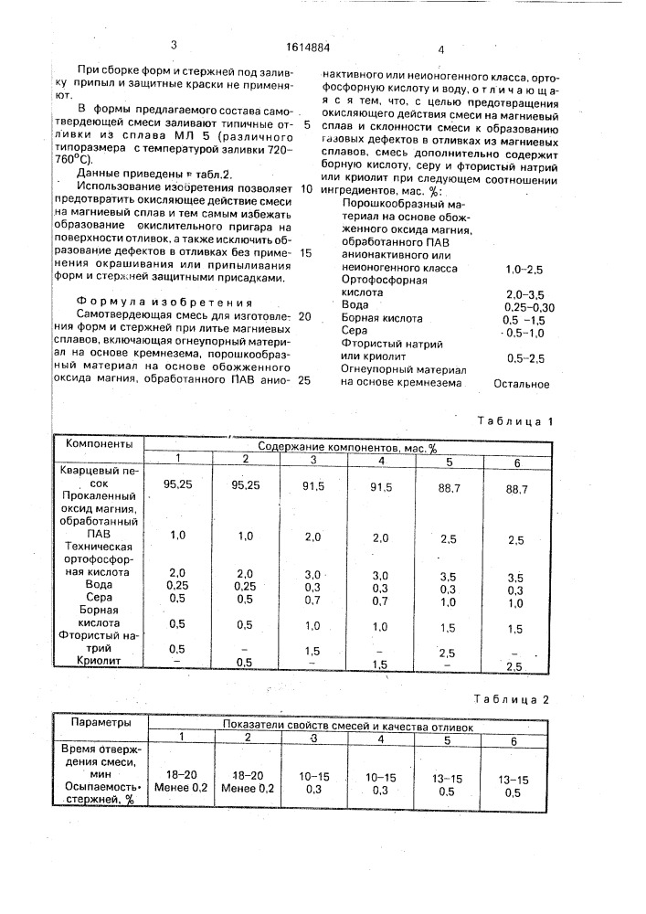 Самотвердеющая смесь для изготовления форм и стержней при литье магниевых сплавов (патент 1614884)