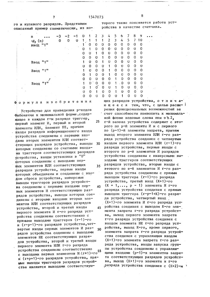 Устройство для приведения р-кодов фибоначчи к минимальной форме (патент 1547073)