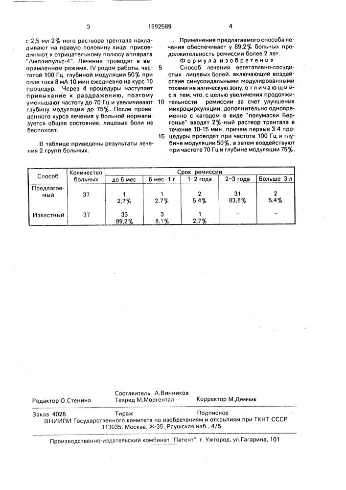 Способ лечения вегетативно-сосудистых лицевых болей (патент 1692589)