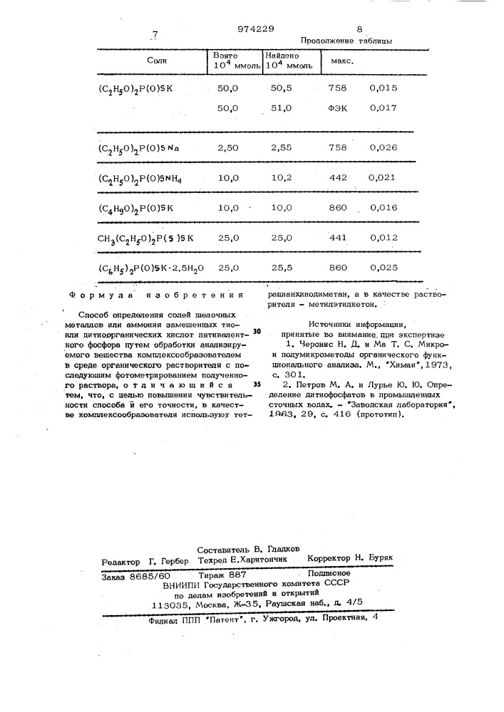 Способ определения солей щелочных металлов или аммония замещенных тиоили дитиоорганических кислот пятивалентного фосфора (патент 974229)