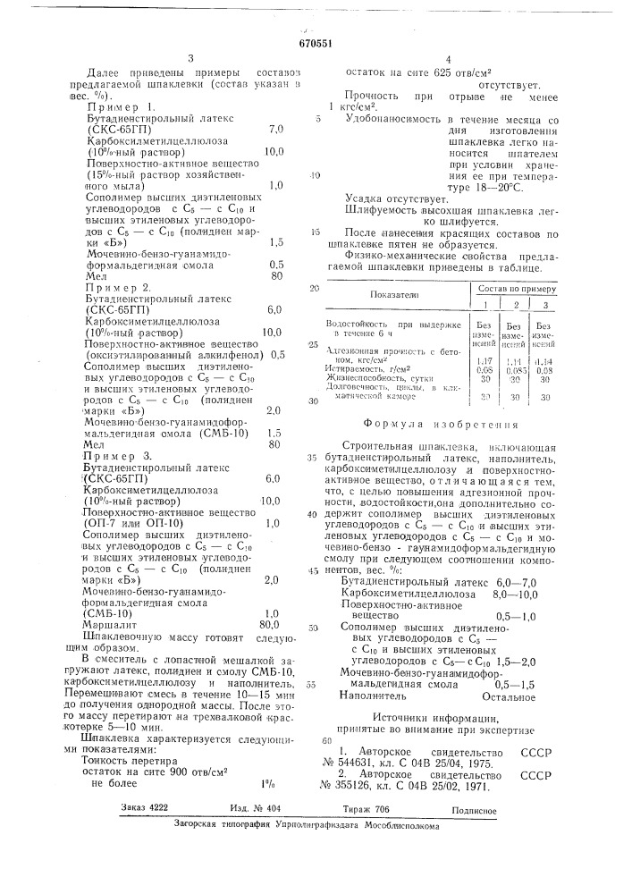 Строительная шпаклевка (патент 670551)