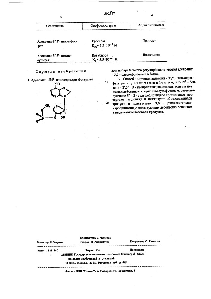 Аденозин -3 ,5 -циклосульфат для избирательного регулирования уровня аденозин-3 ,5 -циклофософта в клетке и способ его получения (патент 502887)
