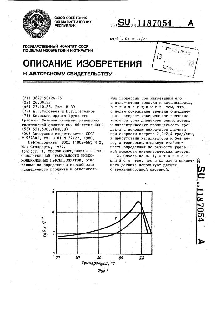 Способ определения термоокислительной стабильности низкомолекулярных нефтепродуктов (патент 1187054)