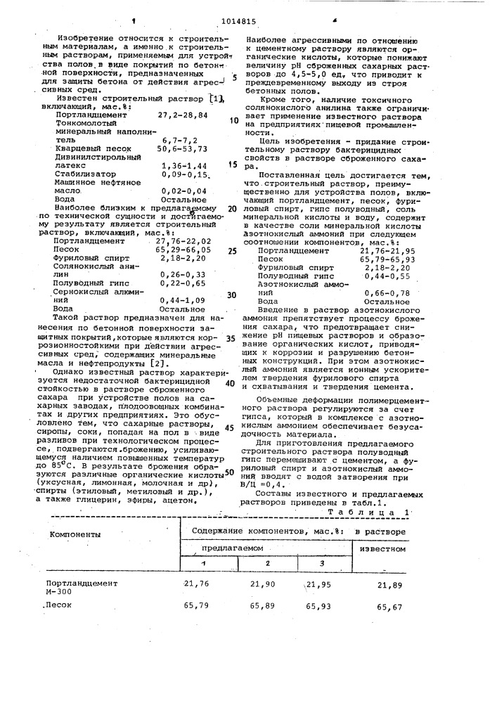 Строительный раствор (патент 1014815)