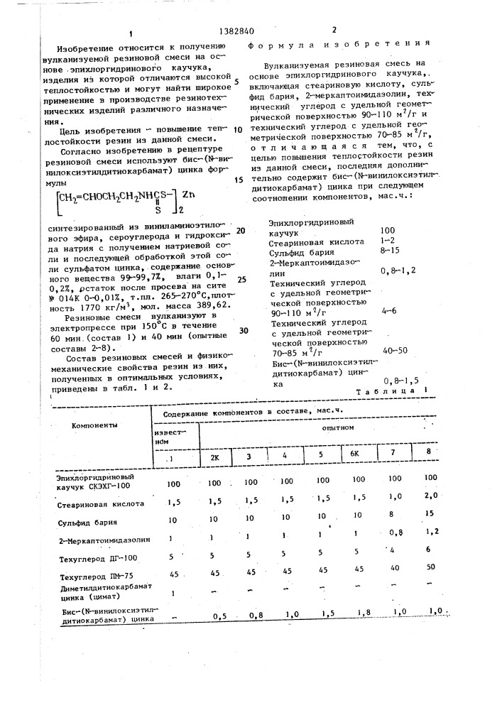 Вулканизуемая резиновая смесь на основе эпихлоргидринового каучука (патент 1382840)