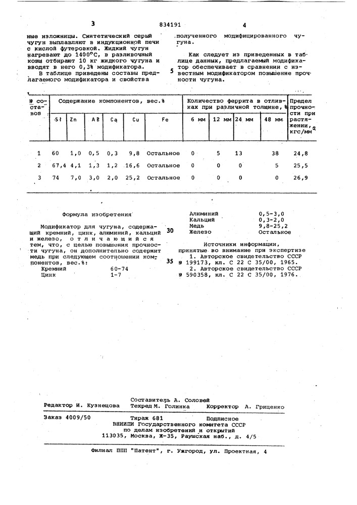 Модификатор для чугуна (патент 834191)