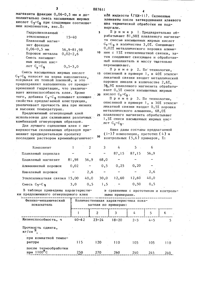 Огнеупорный клей (патент 887611)