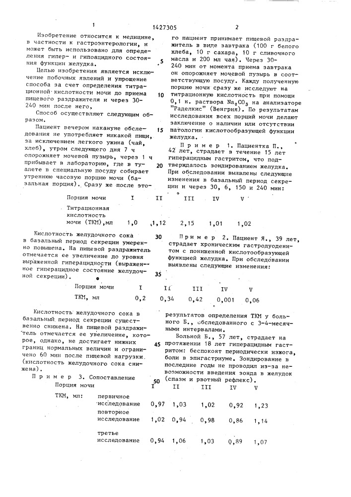 Способ определения патологии кислотообразующей функции желудка (патент 1427305)