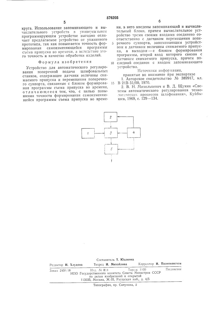 Устройство для автоматического регулирования поперечной подачи шлифовальных станков (патент 576205)