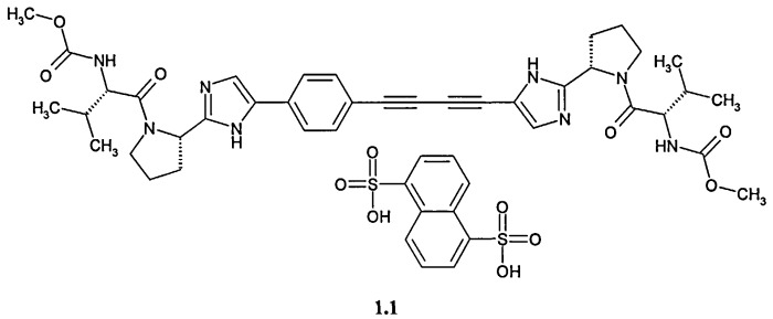 Алкил [(s)-1-((s)-2-{5-[4-(4-{2-[(s)-1-((s)-2-метоксикарбониламино-3-метил-бутирил)-пирролидин-2-ил]-3н-имидазол-4-ил}-бута-1,3-диинил)-фенил]-1н-имидазол-2-ил}-пирролидин-1-карбонил)-2-метил-пропил]-карбамат нафталин-1,5-дисульфонат, фармацевтическая композиция, лекарственное средство, способ лечения вирусных заболеваний (патент 2507201)