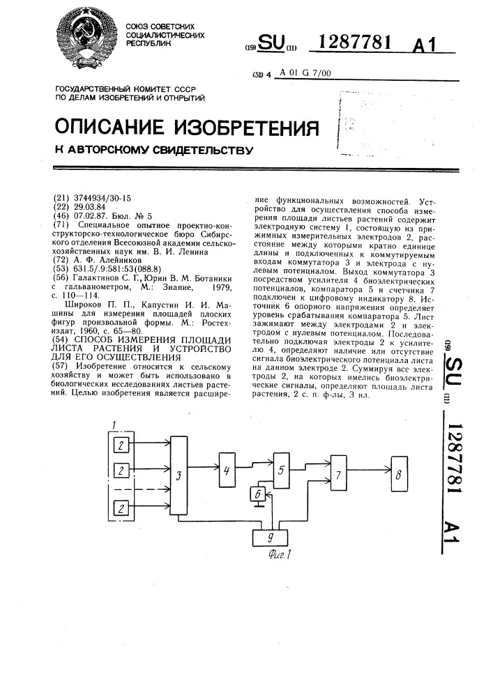 Способ измерения площади листа растения и устройство для его осуществления (патент 1287781)