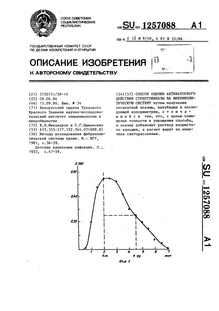 Способ оценки активаторного действия стрептокиназы на фибринолитическую систему (патент 1257088)