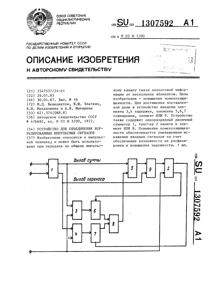 Устройство для объединения кореллированных импульсных сигналов (патент 1307592)