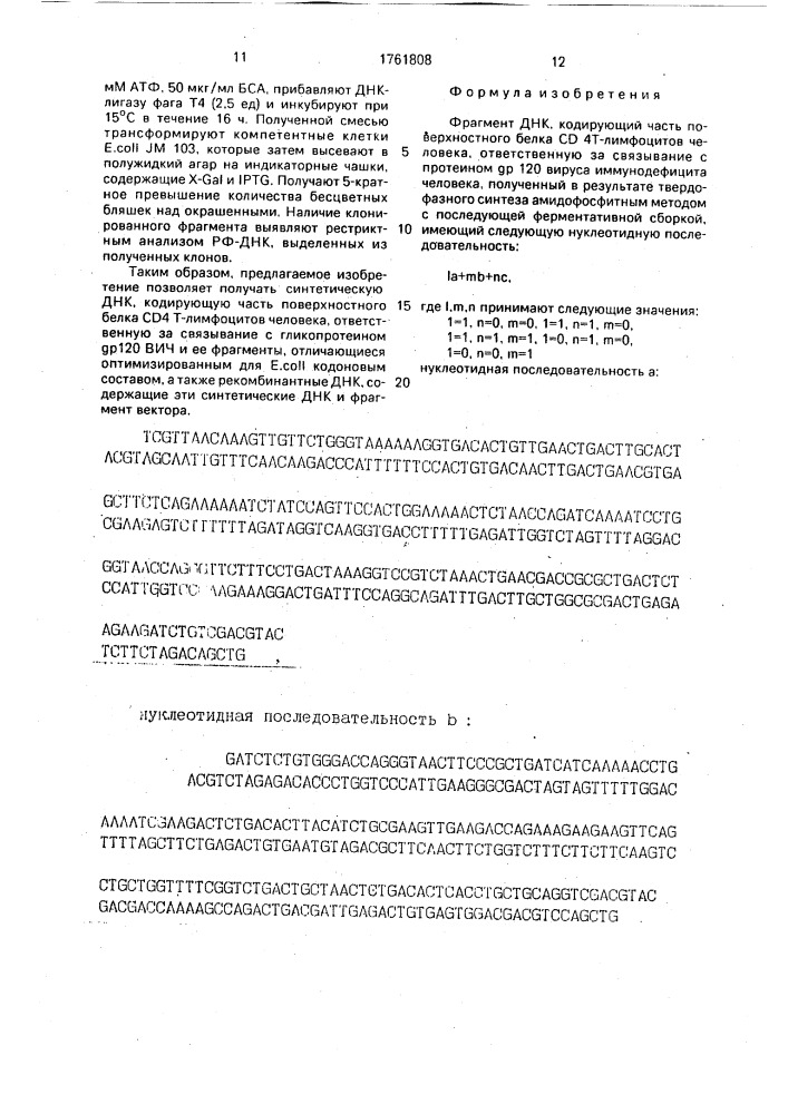 Фрагмент днк, кодирующий часть поверхностного белка сд4т - лимфоцитов человека, ответственную за связывание с протеином др120 вируса иммунодефицита человека (патент 1761808)