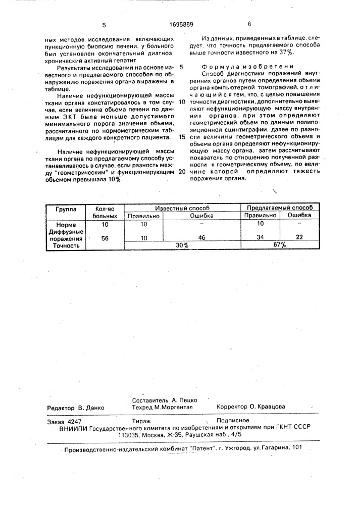 Способ диагностики поражений внутренних органов (патент 1695889)