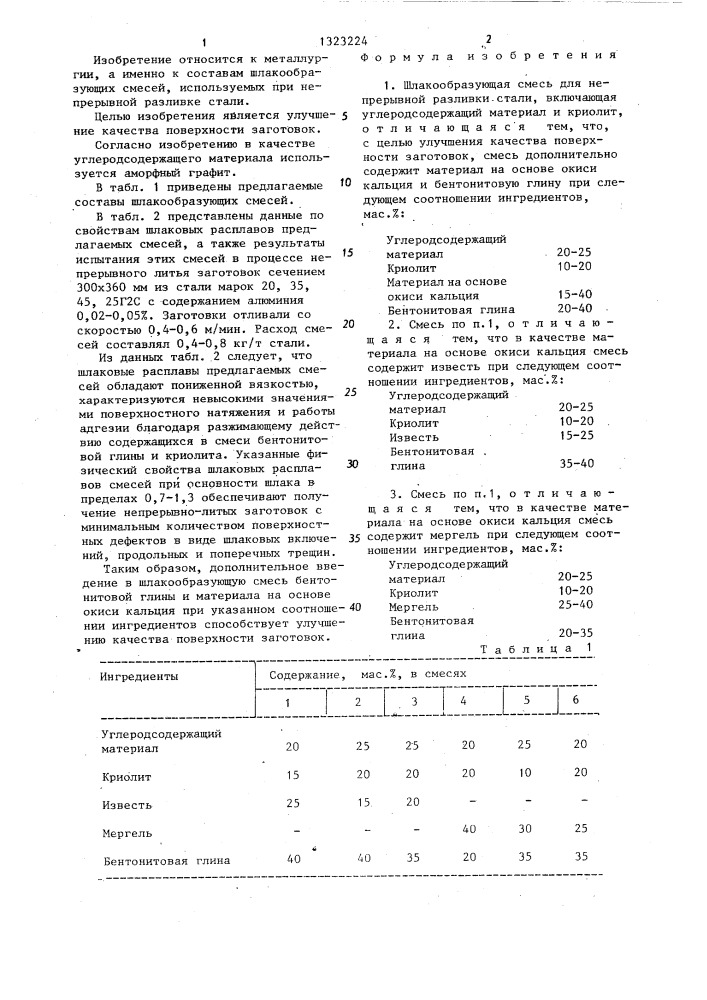 Шлакообразующая смесь для непрерывной разливки стали (патент 1323224)