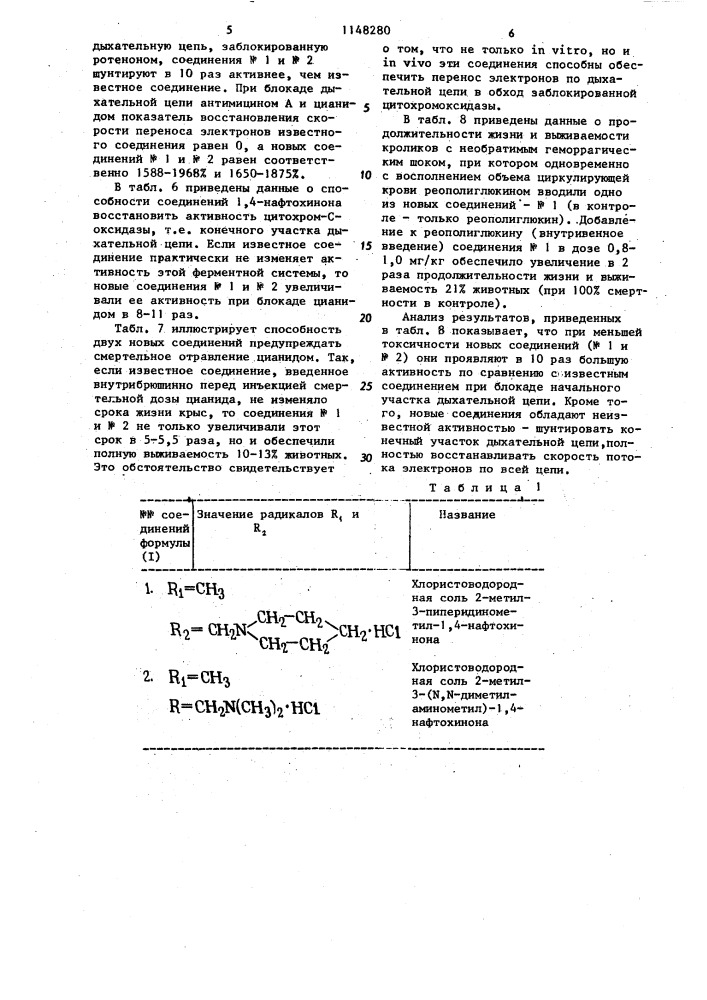 Производные 1,4-нафтохинона в качестве средства, регулирующего функцию дыхательной цепи клеток (патент 1148280)