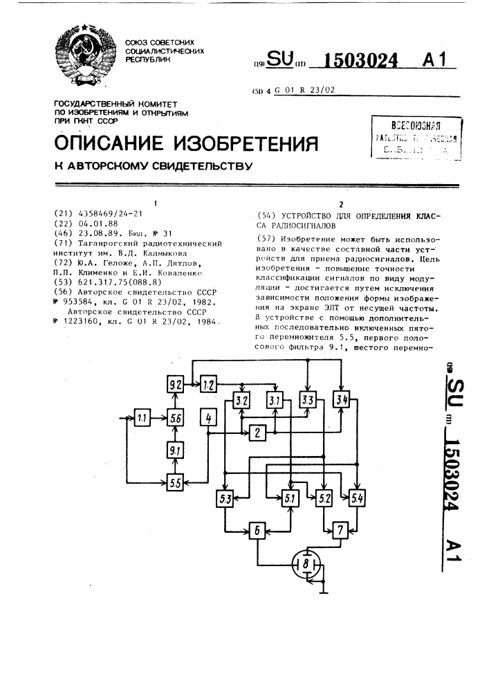 Устройство для определения класса радиосигналов (патент 1503024)