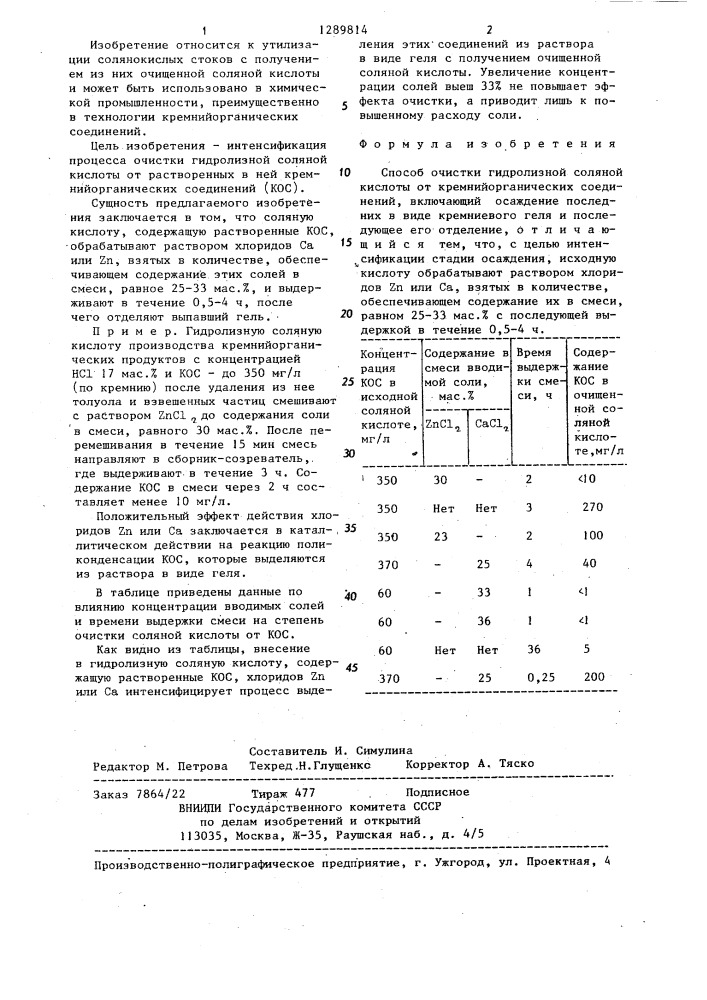 Способ очистки гидролизной соляной кислоты от кремнийорганических соединений (патент 1289814)