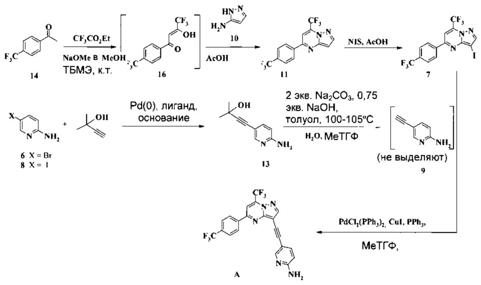 Способы получения 5-[2-[7-(трифторметил)-5-[4-(трифторметил)фенил]пиразоло[1,5-a]пиримидин-3-ил]этинил]-2-пиридинамина (патент 2630700)