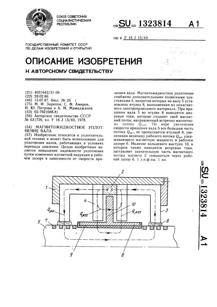Магнитожидкостное уплотнение вала (патент 1323814)