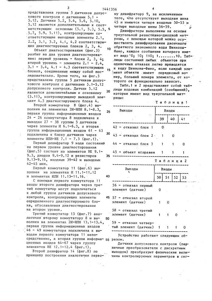 Устройство для диагностирования взаимосвязанных электронных блоков и элементов блоков (патент 1441356)