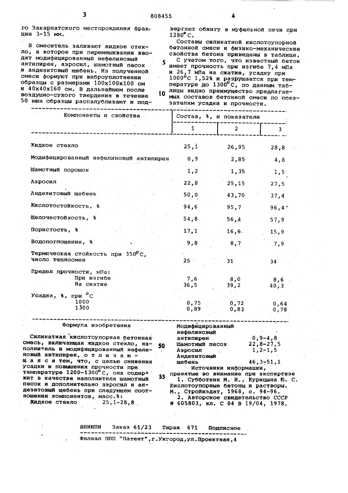 Силикатная кислотоупорная бетоннаясмесь (патент 808455)