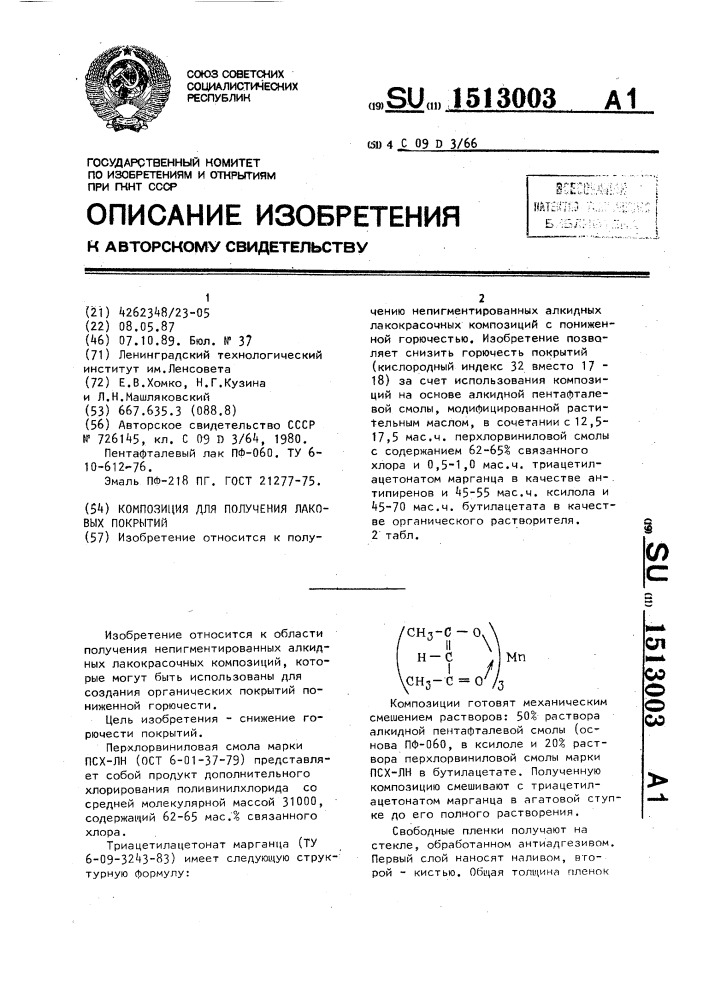 Композиция для получения лаковых покрытий (патент 1513003)