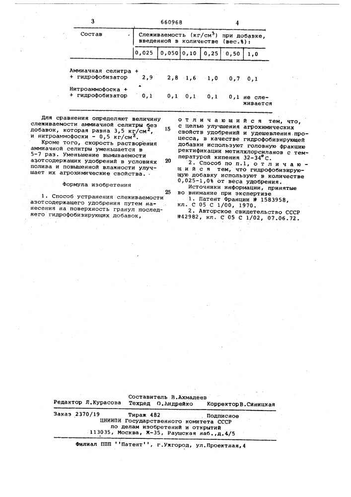 Способ устранения слеживаемости азотсодержащего удобрения (патент 660968)