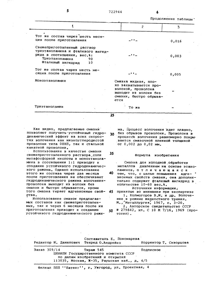 Смазка для холодной обработки металлов давлением (патент 722944)