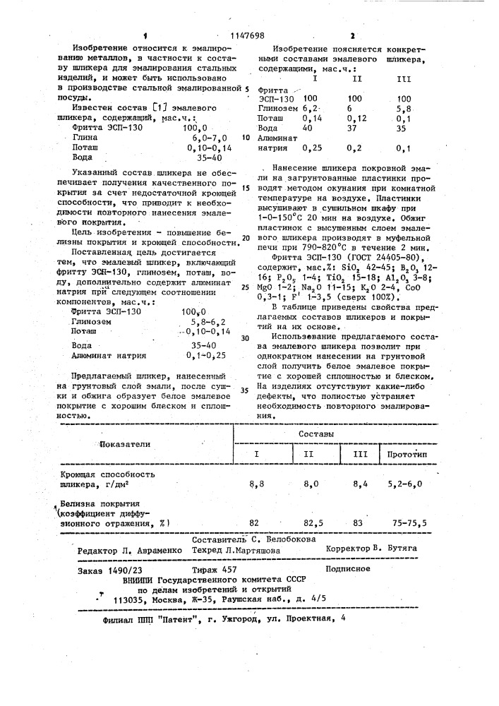 Эмалевый шликер (патент 1147698)