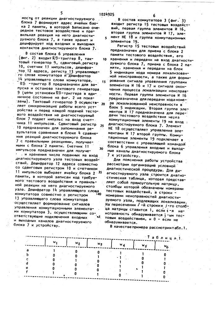 Устройство для диагностики неисправностей цифровых блоков (патент 1024925)