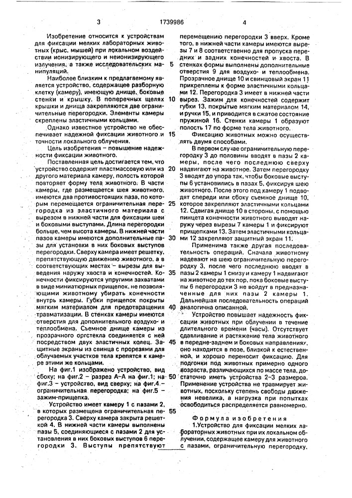 Устройство для фиксации мелких лабораторных животных при их локальном облучении (патент 1739986)