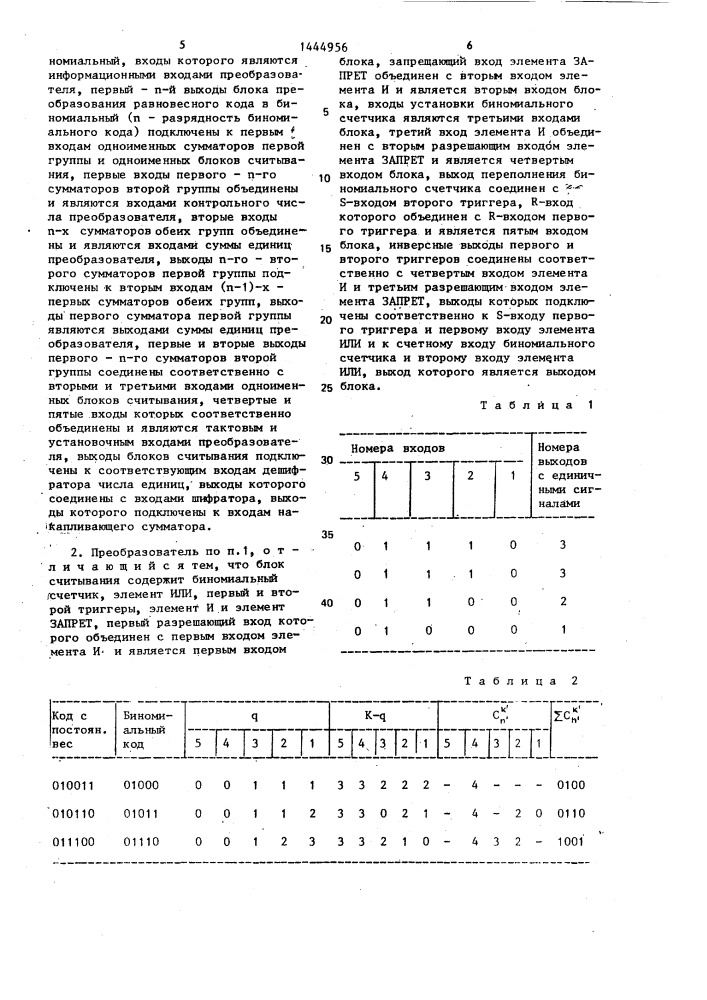 Преобразователь равновесного кода в двоичный код (патент 1444956)