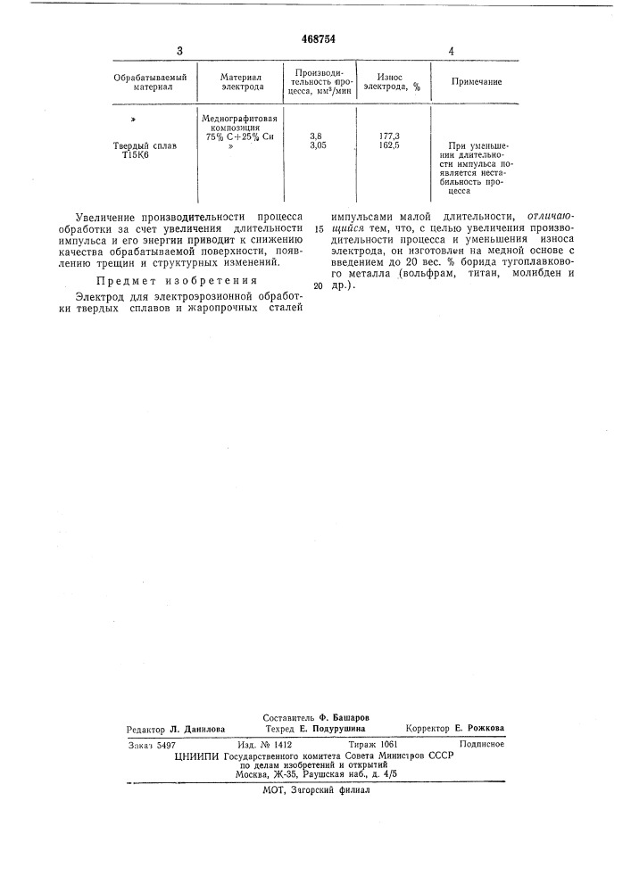 Электрод для электроэрозионной обработки (патент 468754)