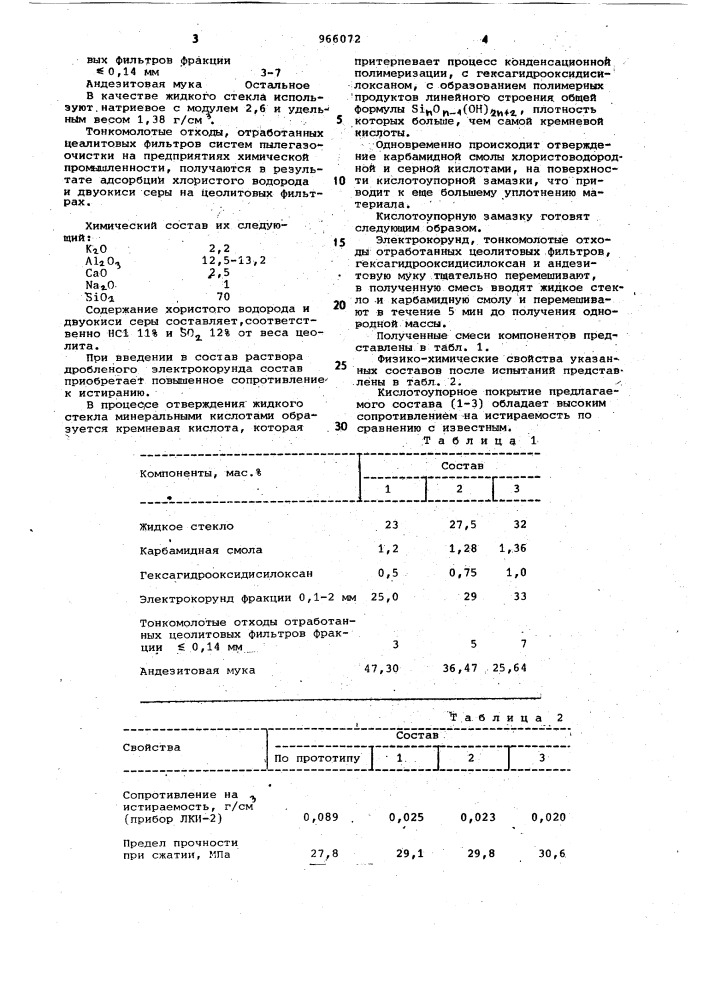 Кислотоупорная замазка (патент 966072)