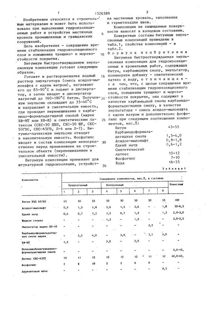 Битумная быстроотверждаемая эмульсионная композиция (патент 1326589)