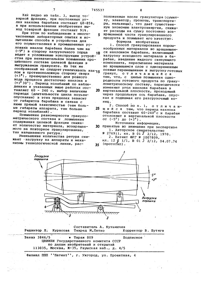 Способ гранулирования порошкообразных материалов во вращающемся наклонном барабане (патент 745537)