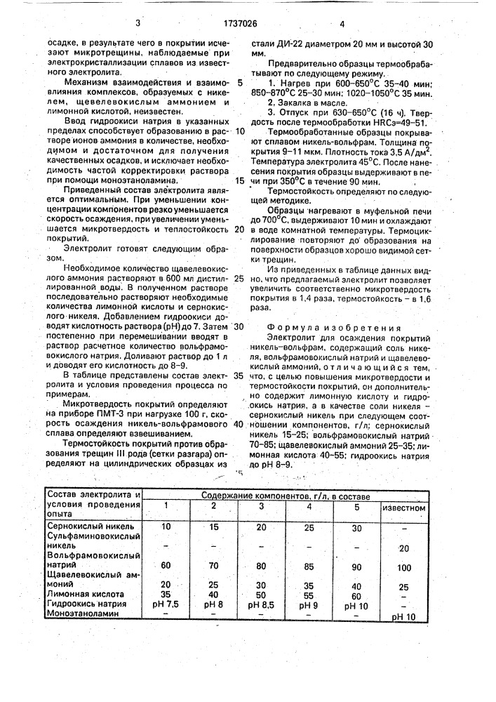 Электролит для осаждения покрытий никель-вольфрам (патент 1737026)