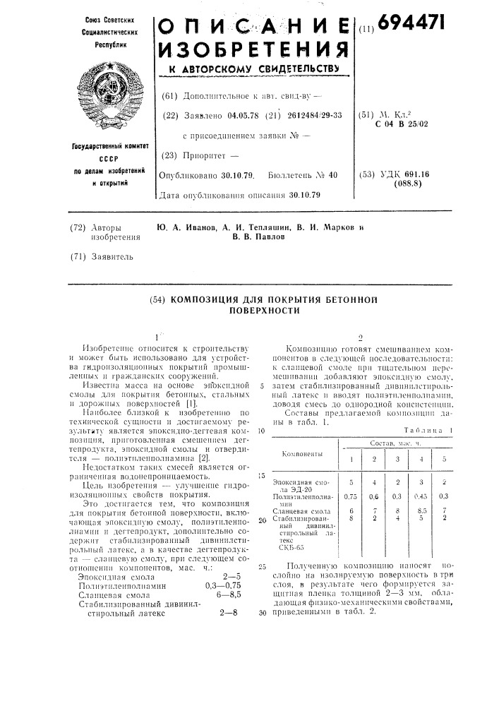 Композиция для покрытия бетонной поверхности (патент 694471)