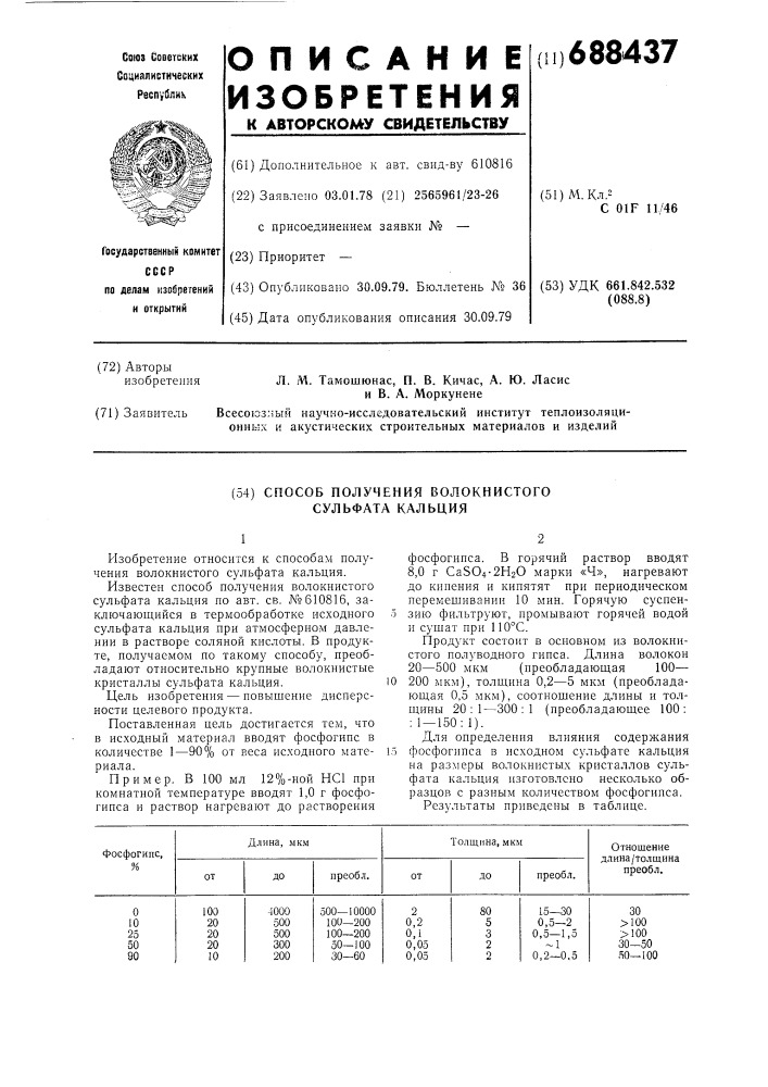 Способ получения волокнистого сульфата кальция (патент 688437)