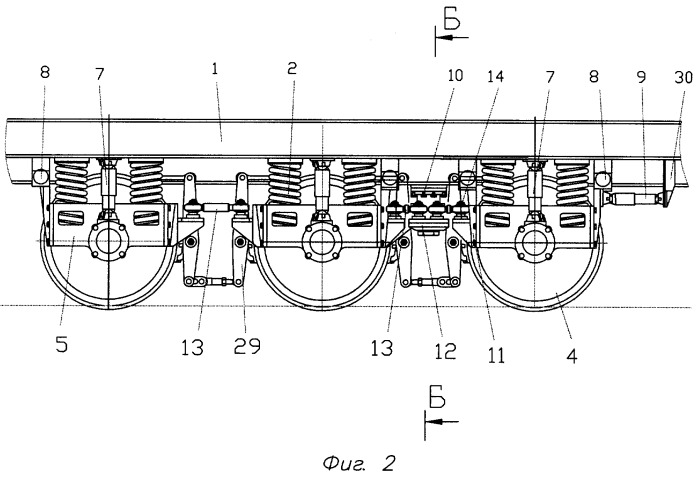 Шестиосное железнодорожное транспортное средство с трехосными безрамными тележками (варианты) (патент 2288122)