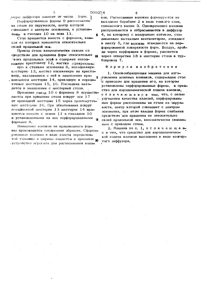 Основообразующая машина для изго-товления шляпных колпаков (патент 509274)