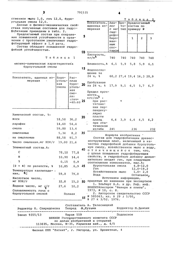 Состав для гидрофобизации древесностружечных плит (патент 791535)