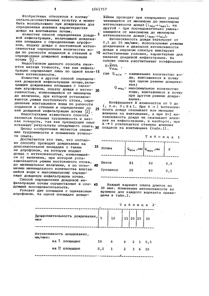 Способ определения дождевой инфильтрации почвы (патент 1061757)