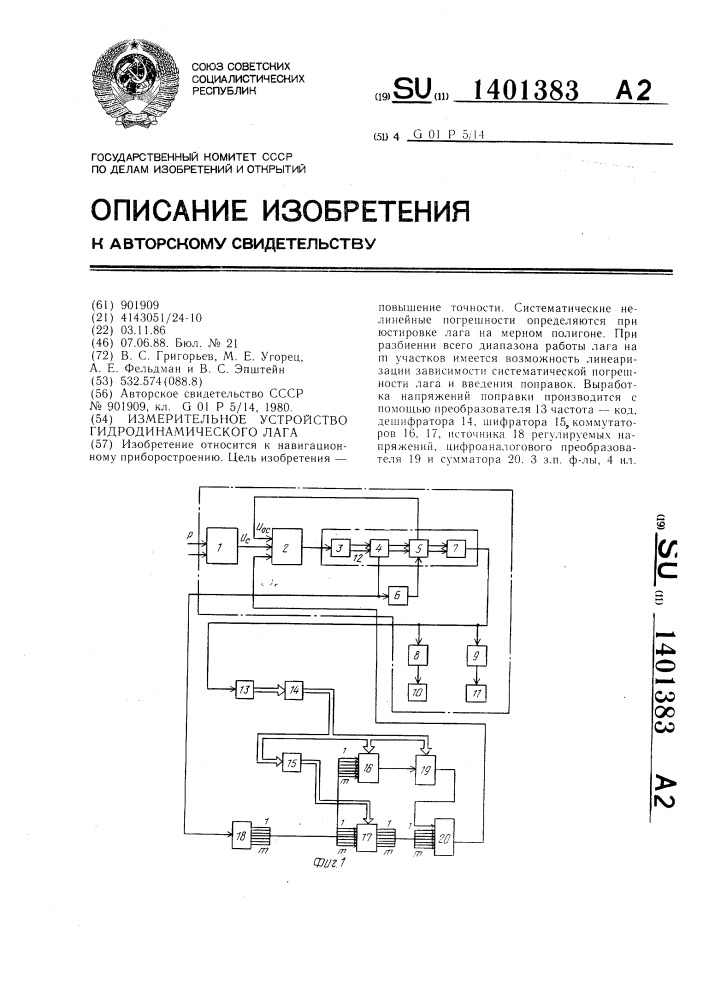 Измерительное устройство гидродинамического лага (патент 1401383)