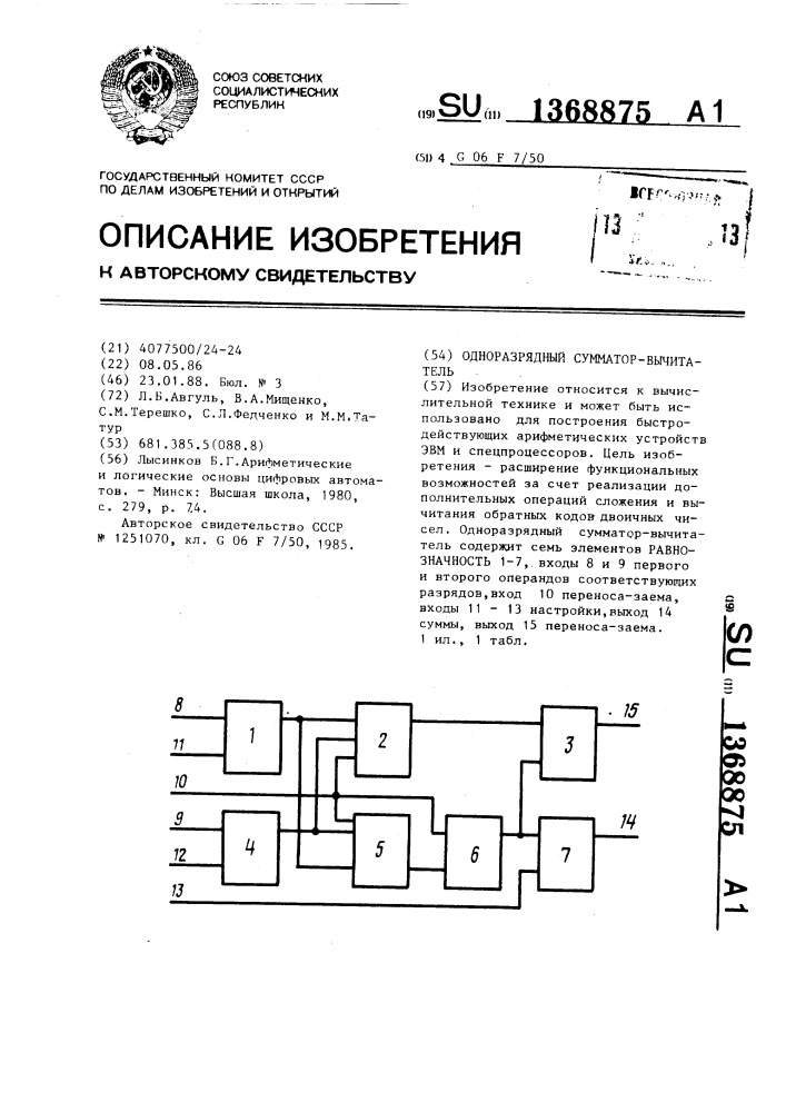 Одноразрядный сумматор-вычитатель (патент 1368875)
