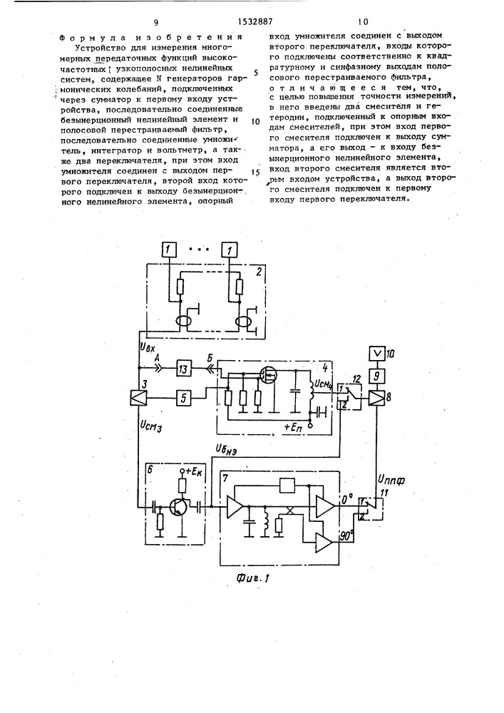 Устройство для измерения многомерных передаточных функций высокочастотных узкополосных нелинейных систем (патент 1532887)
