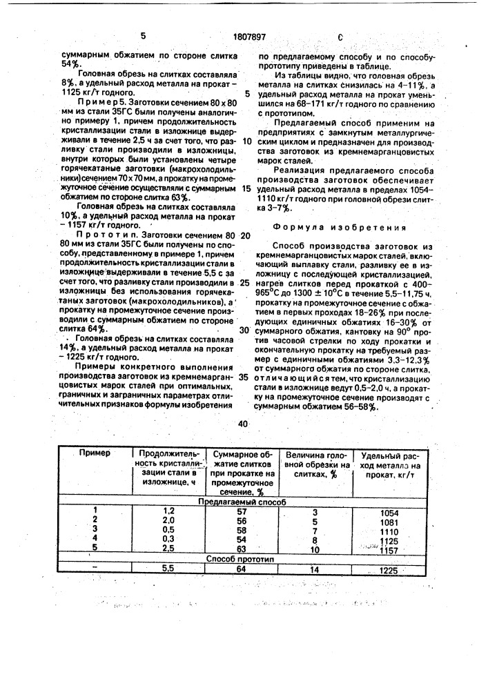 Способ производства заготовок из кремнемарганцовистых марок сталей (патент 1807897)